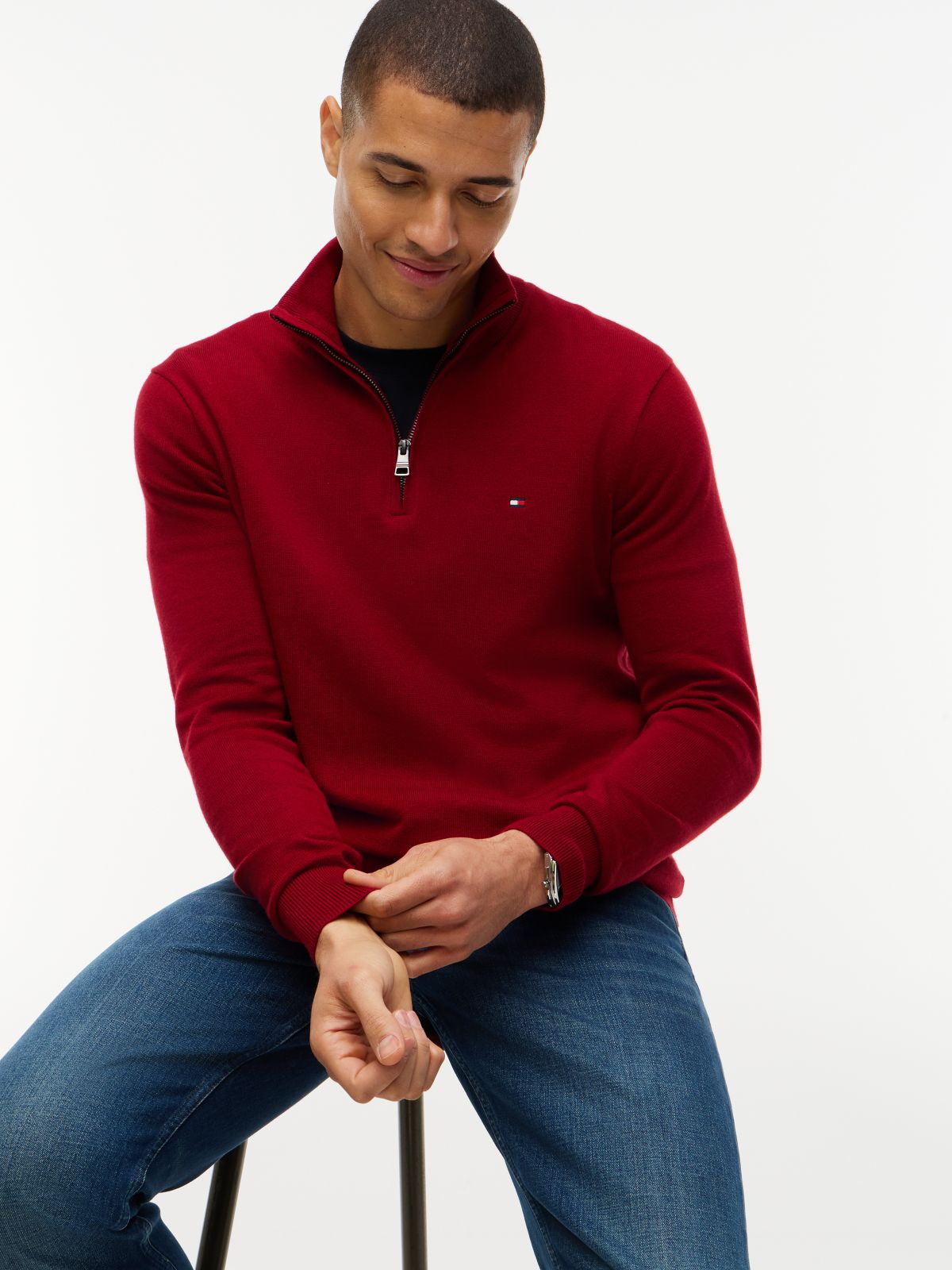 Mock Neck Quarter-Zip Jumper With Cashmere — Red
