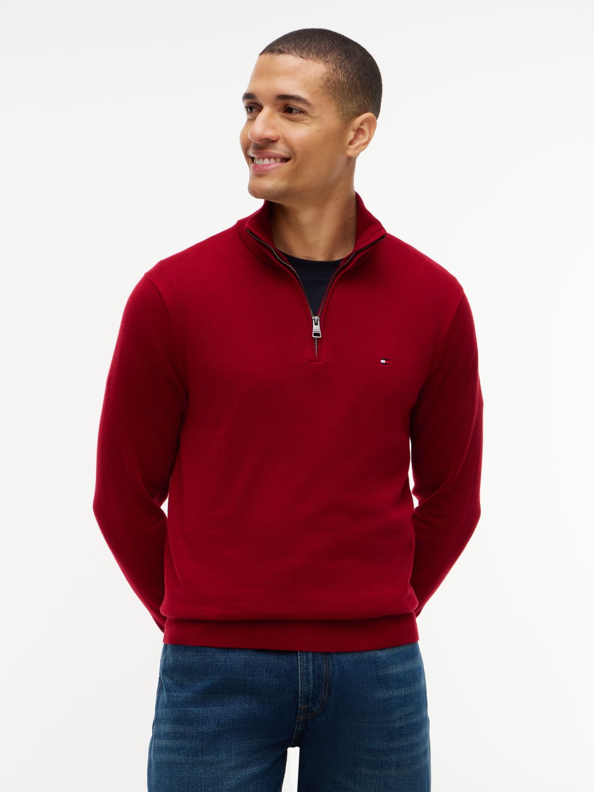 Mock Neck Quarter-Zip Jumper With Cashmere — Red