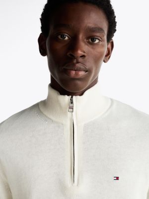 pull zippé avec cachemire à col cheminée blanc pour hommes tommy hilfiger