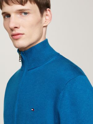 blue zip-thru high neck jumper with cashmere for men tommy hilfiger