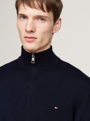 blue zip-thru high neck jumper with cashmere for men tommy hilfiger