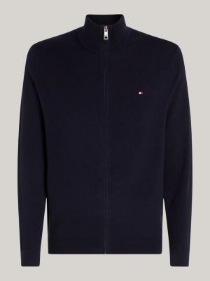 blue zip-thru high neck jumper with cashmere for men tommy hilfiger