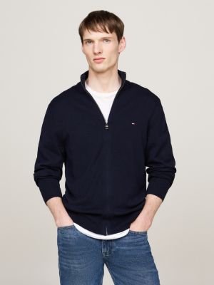 blue zip-thru high neck jumper with cashmere for men tommy hilfiger