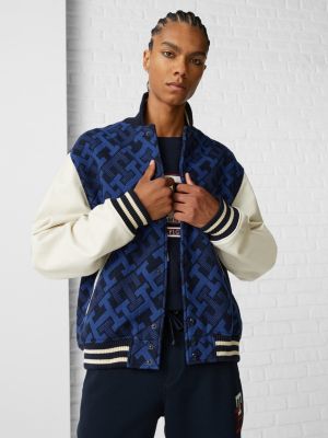 Tommy Hilfiger Men's th Monogram Leather Varsity Jacket - Blue - XL