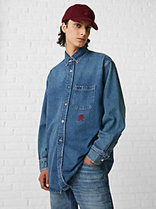 синий джинсовая рубашка с вышитым гербом th monogram для мужчины - tommy hilfiger