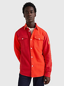 red relaxed fit colour-blocked brushed cotton overshirt for men tommy hilfiger