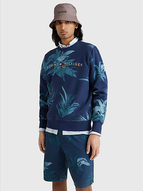 beige sweatshirt met tropische palmenprint voor men - tommy hilfiger