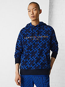 blauw th monogram flex fleece hoodie voor heren - tommy hilfiger