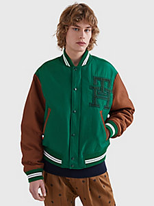 green colour-blocked varsity jacket for men tommy hilfiger