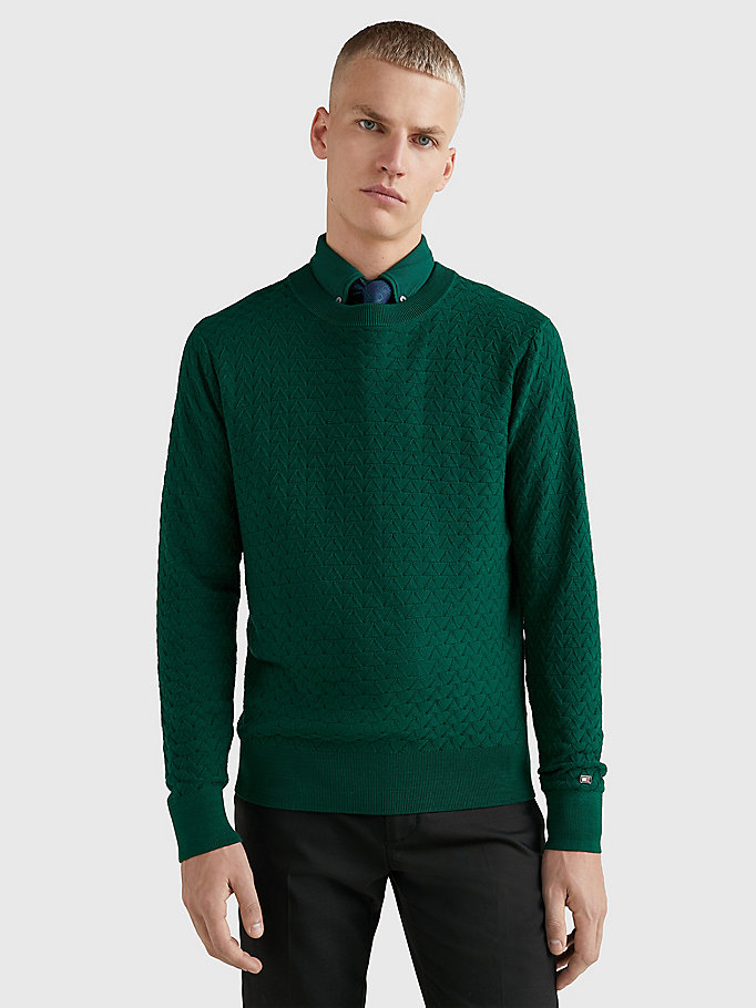 green mercerised cotton crew neck jumper for men tommy hilfiger