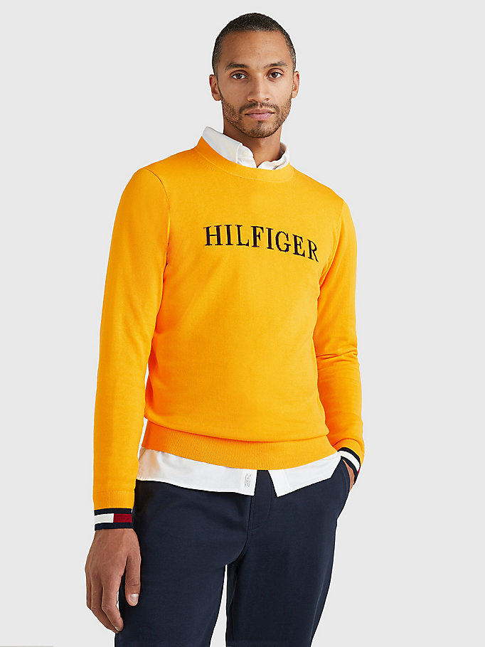 yellow logo embroidery crew neck jumper for men tommy hilfiger