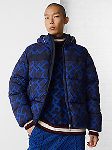 blue th monogram print high-loft puffer jacket for men tommy hilfiger