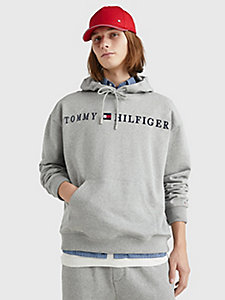 grey logo archive fit fleece hoody for men tommy hilfiger