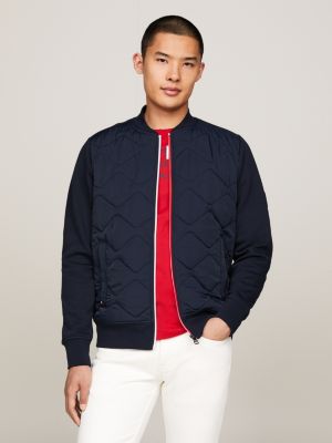 Quilted Mixed Texture Zip-Thru Bomber Jacket, Blue