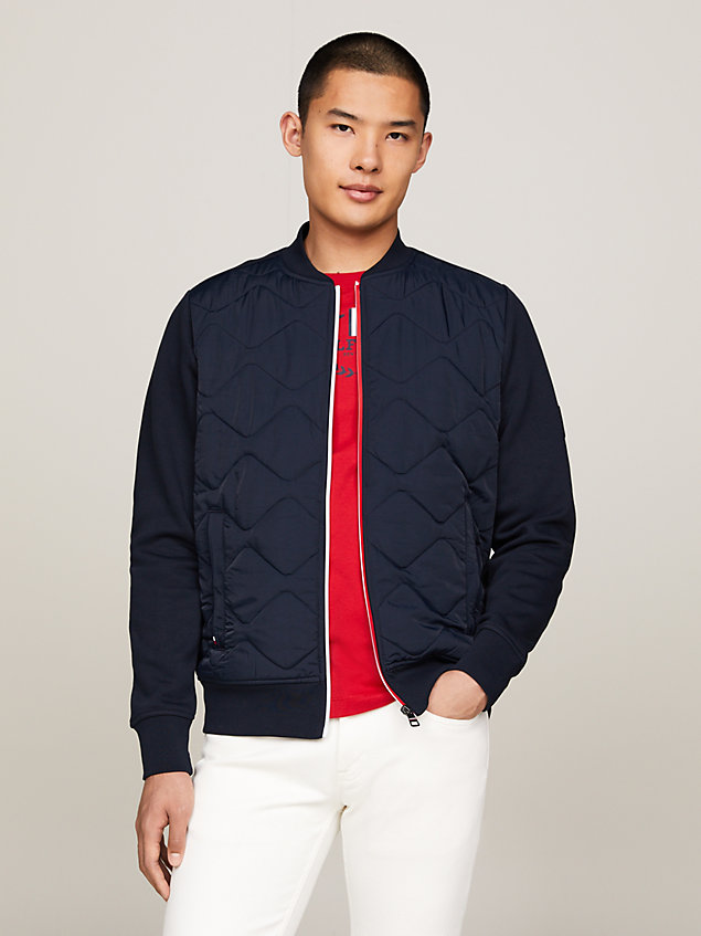 blue quilted mixed texture zip-thru bomber jacket for men tommy hilfiger