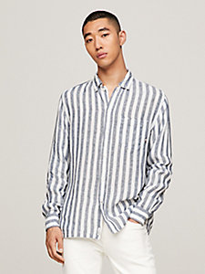 blue breton stripe casual fit linen shirt for men tommy hilfiger