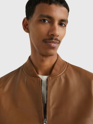 Leather Varsity ZipThru Bomber Jacket BROWN Tommy Hilfiger