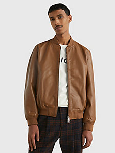 brown leather varsity zip-thru bomber jacket for men tommy hilfiger