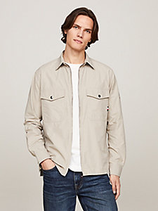 beige paper touch casual fit zip-thru overshirt for men tommy hilfiger