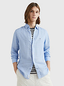 chemise coupe standard en popeline de lin bleu pour hommes tommy hilfiger