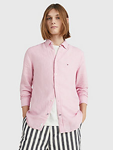 camicia regular fit in popeline di lino rosa da uomo tommy hilfiger