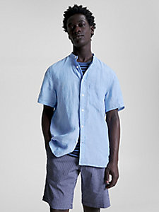 chemise coupe standard en lin manches courtes bleu pour hommes tommy hilfiger