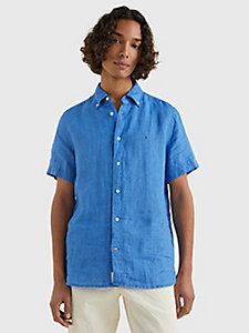 chemise en lin à manches courtes bleu pour hommes tommy hilfiger