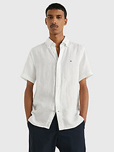wit linnen regular fit overhemd met korte mouwen voor heren - tommy hilfiger