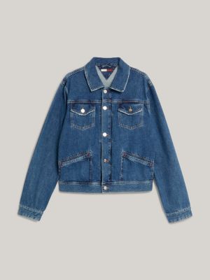 Tommy Jeans flag print oversized denim trucker jacket in mid wash