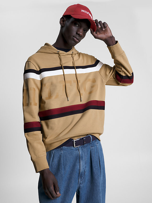 sudadera global stripe con capucha y logo khaki de hombre tommy hilfiger