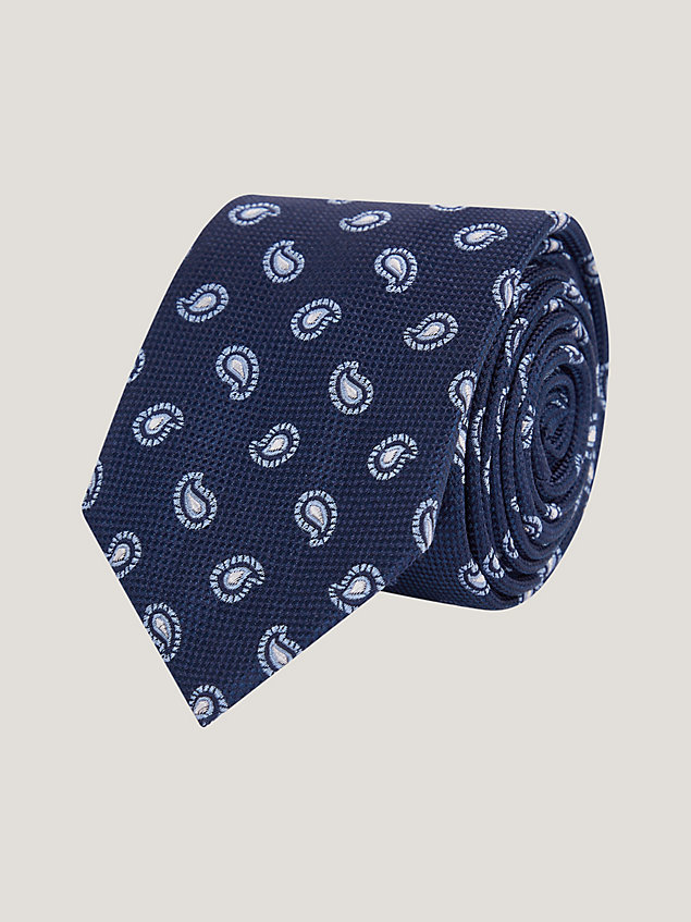 blue pure silk oxford weave paisley tie for men tommy hilfiger