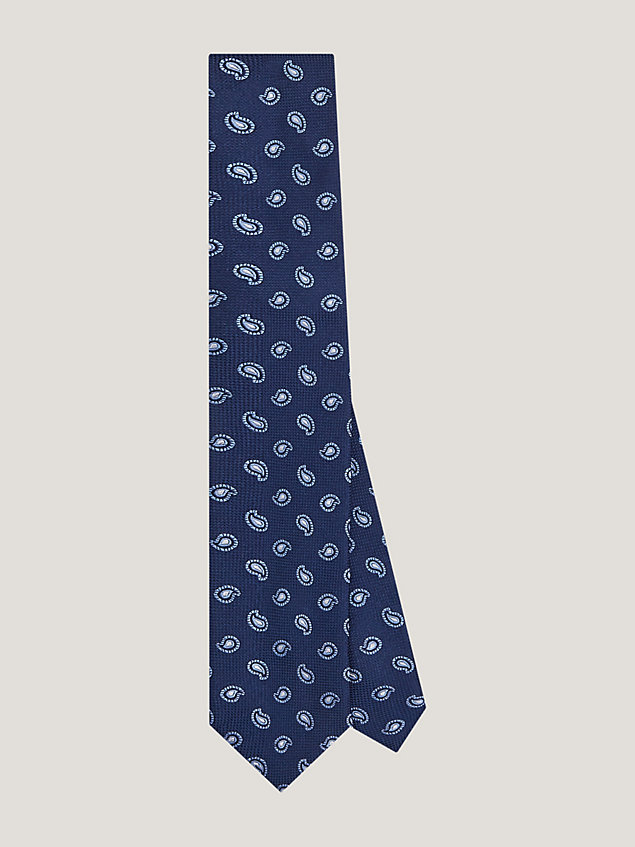 blue pure silk oxford weave paisley tie for men tommy hilfiger