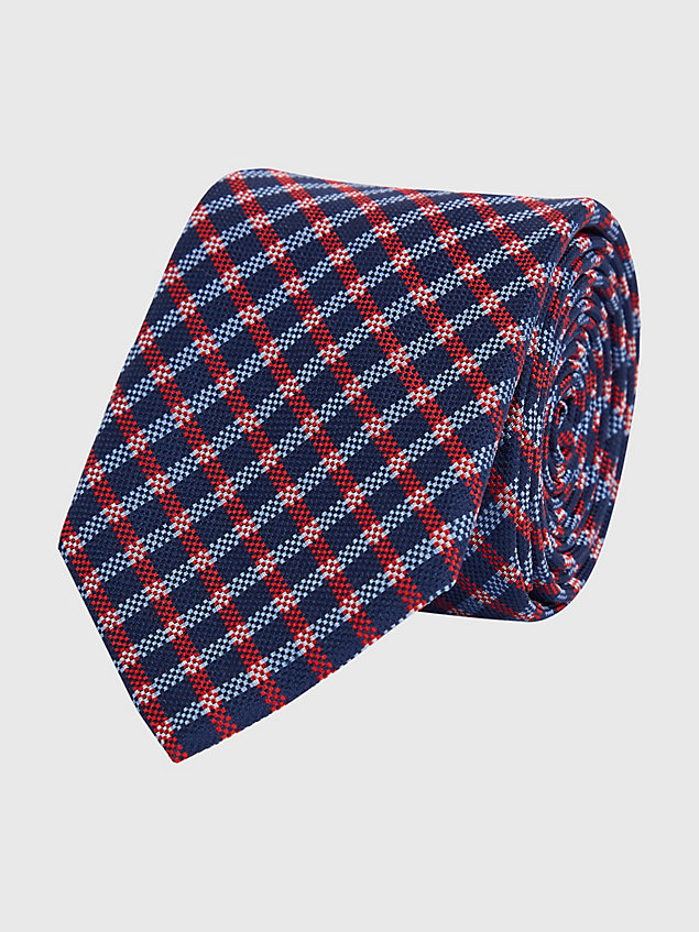 blue jedwabny krawat ze wzorem w kratę vichy dla mężczyźni - tommy hilfiger