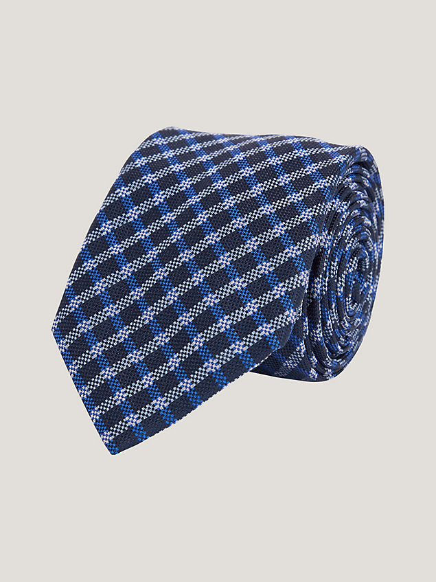 blue pure silk woven gingham check tie for men tommy hilfiger