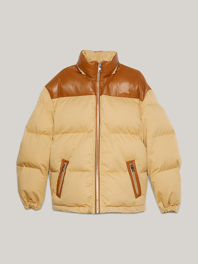 beige crest relaxed dual gender new york puffer jacket for men tommy hilfiger