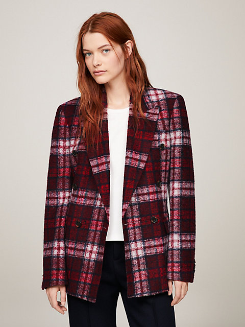 brown dual gender tartan check double breasted boxy blazer for men tommy hilfiger