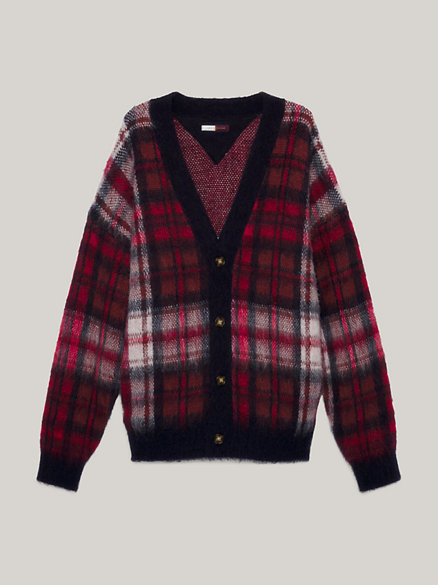 red crest dual gender check relaxed fit cardigan for men tommy hilfiger