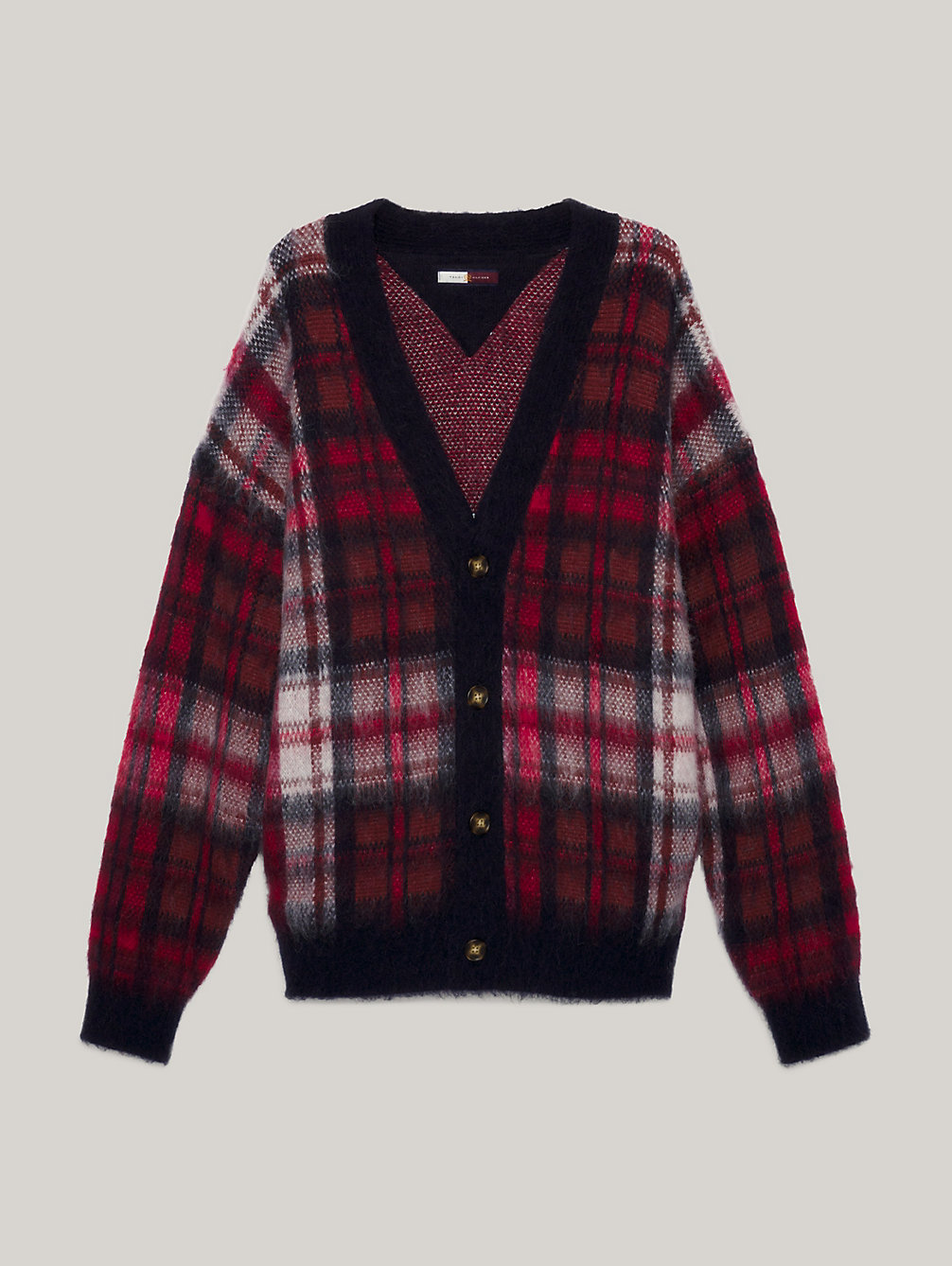 red crest dual gender check relaxed fit cardigan for men tommy hilfiger