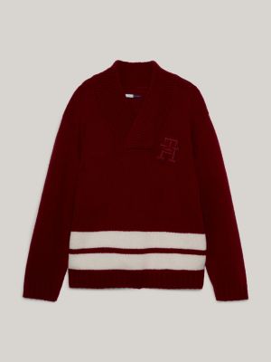 Tommy Hilfiger Premium Cotton Pull Homme ~ Grand Col V Serré Tricot Rouge  Logo