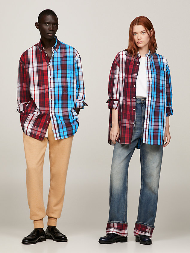 red crest half and half classic fit dual gender check shirt for men tommy hilfiger