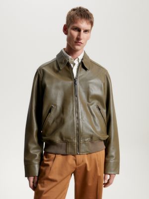 Leather Zip-Thru Bomber Jacket | Khaki | Tommy Hilfiger