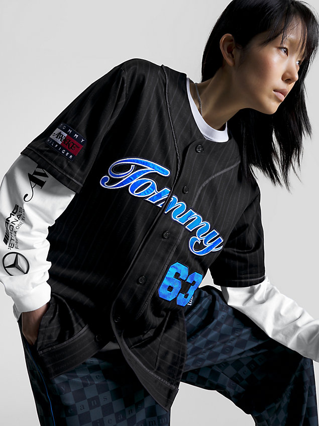 black tommy x mercedes-amg f1 x awake ny george russell baseball shirt for men tommy hilfiger