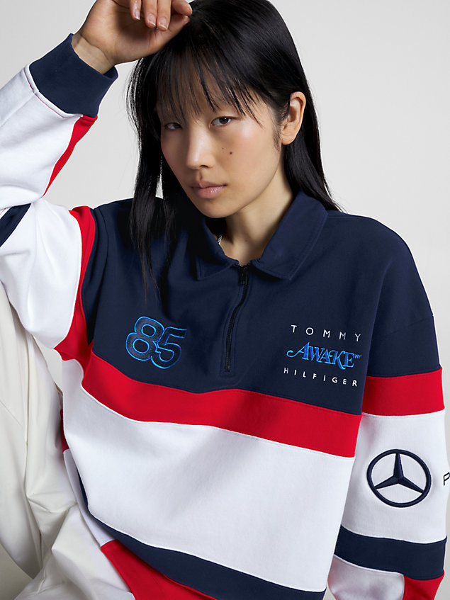 blue tommy x mercedes-amg f1 x awake ny all-over flag rugby shirt for men tommy hilfiger