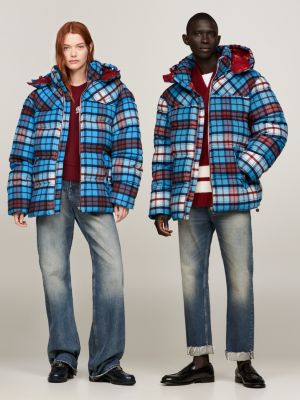 Dual Gender Tartan Check Oversized New York Puffer Jacket | WHITE