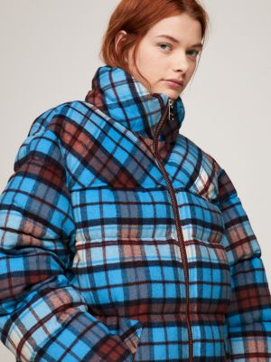 Dual Gender Tartan Check Oversized New York Puffer Jacket | White ...