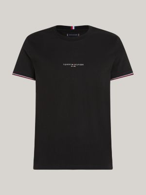 czarny wąski t-shirt z kontrastowymi mankietami dla mężczyźni - tommy hilfiger