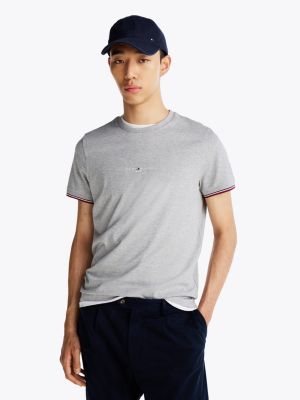 grey t-shirt o wąskim kroju z kontrastowym wykończeniem dla mężczyźni - tommy hilfiger