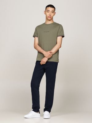 t-shirt slim fit con bordi iconici verde da uomini tommy hilfiger