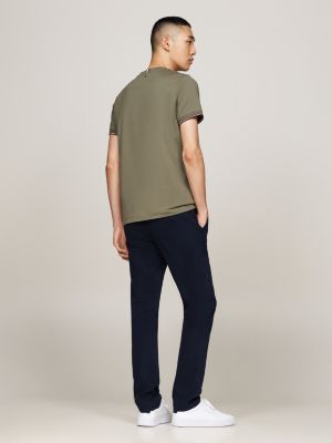 t-shirt slim fit con bordi iconici verde da uomini tommy hilfiger