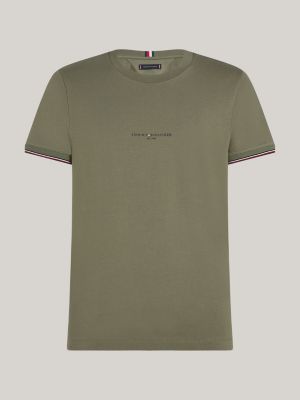 t-shirt slim fit con bordi iconici verde da uomini tommy hilfiger